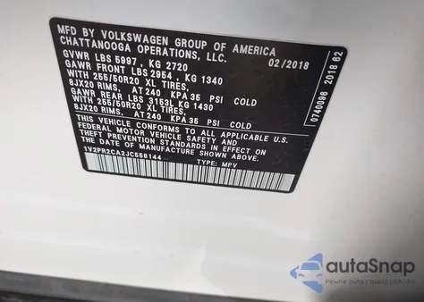 2018 Volkswagen Atlas 3.6L V6 Se W/Technology from USA, damaged, VIN 1V2PR2CA2JC558144